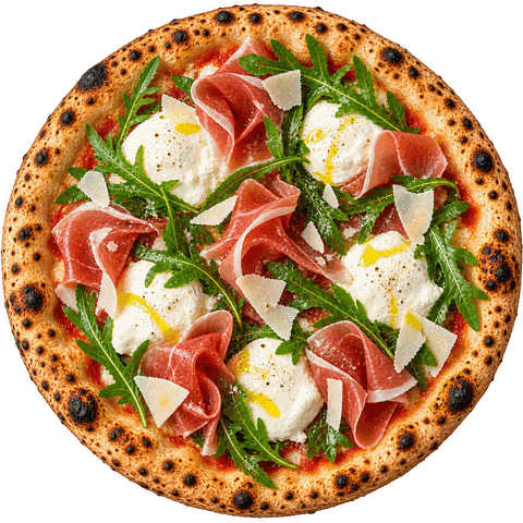 Pizza met romige burrata, Parmaham en rucola