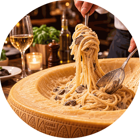 Pasta alla Ruota, opgeschept uit het Grana-kaaswiel