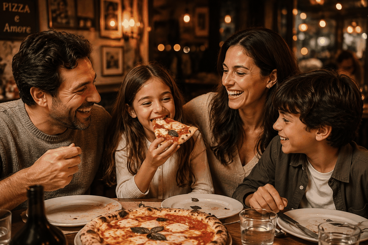 Gezin lacht samen aan tafel terwijl de dochter een punt pizza eet
