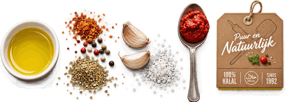 Olijfolie, kruiden, knoflook, zeezout en tomatenpuree